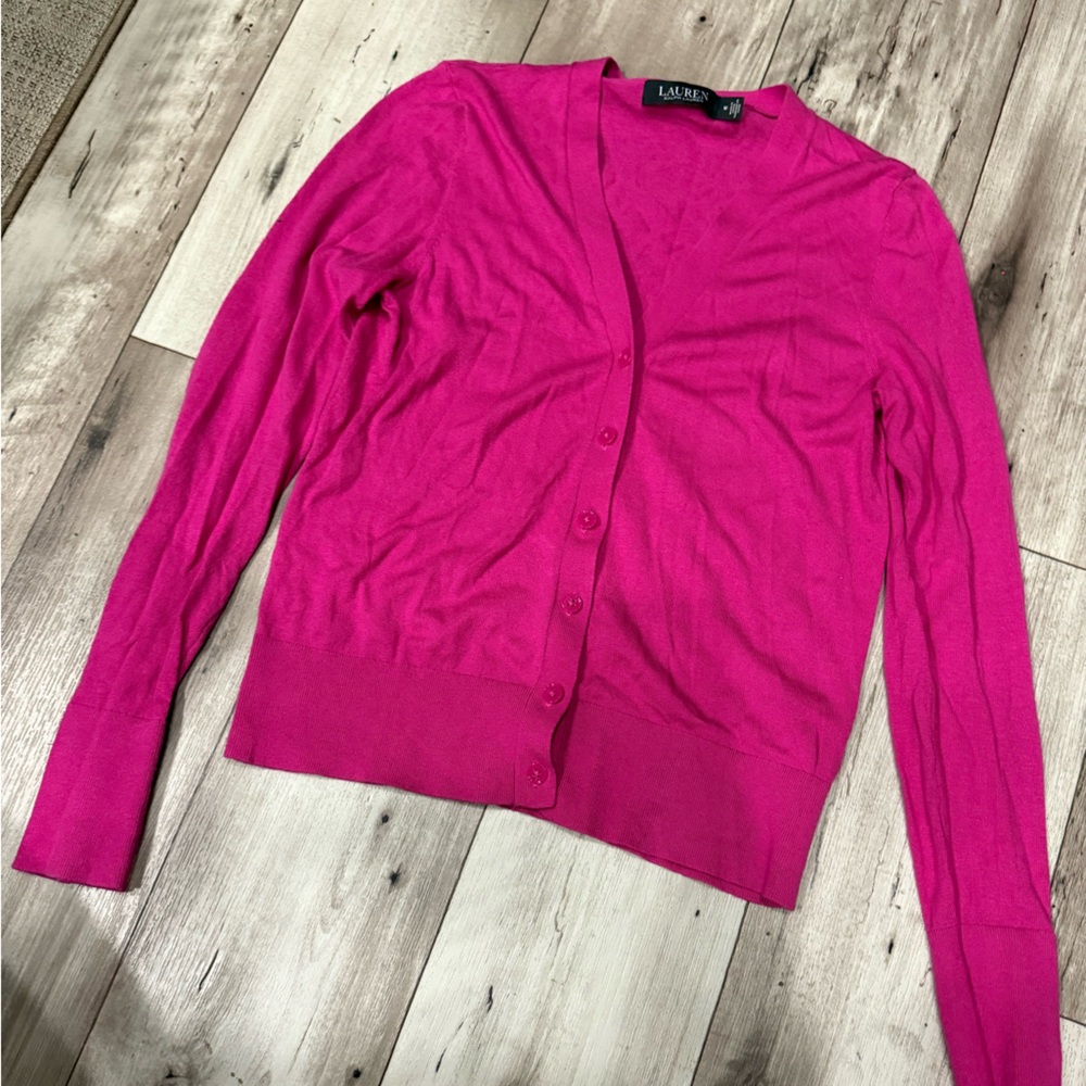 Lauren Ralf Lauren Pink Button Down V Neck Cardigan